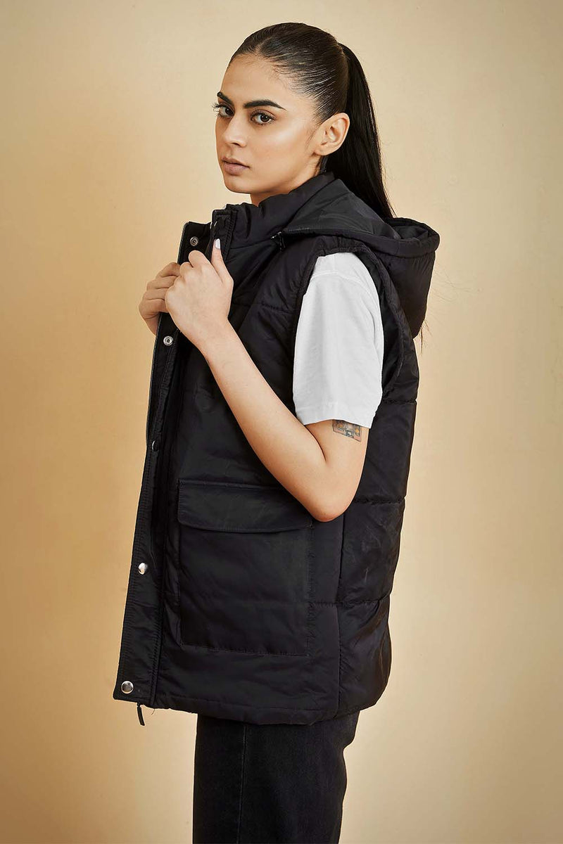 Black Sleeveless Puffer Jacket with Removable Hood W Urban Road