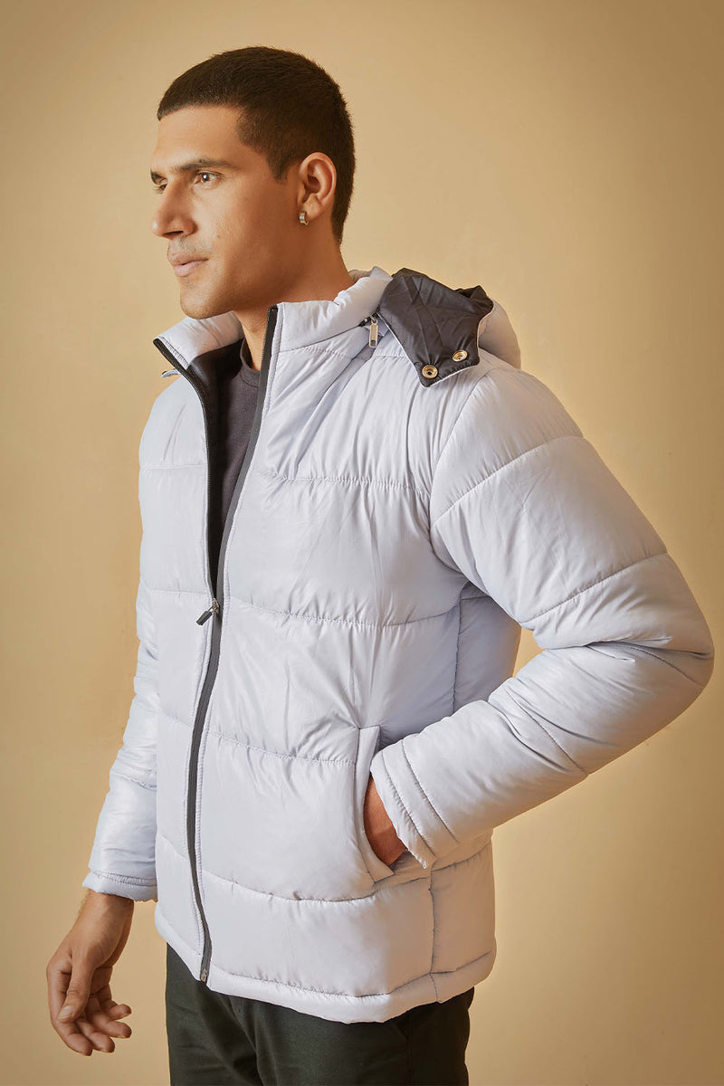 Greyish White Puffer Jacket with Removable Hood