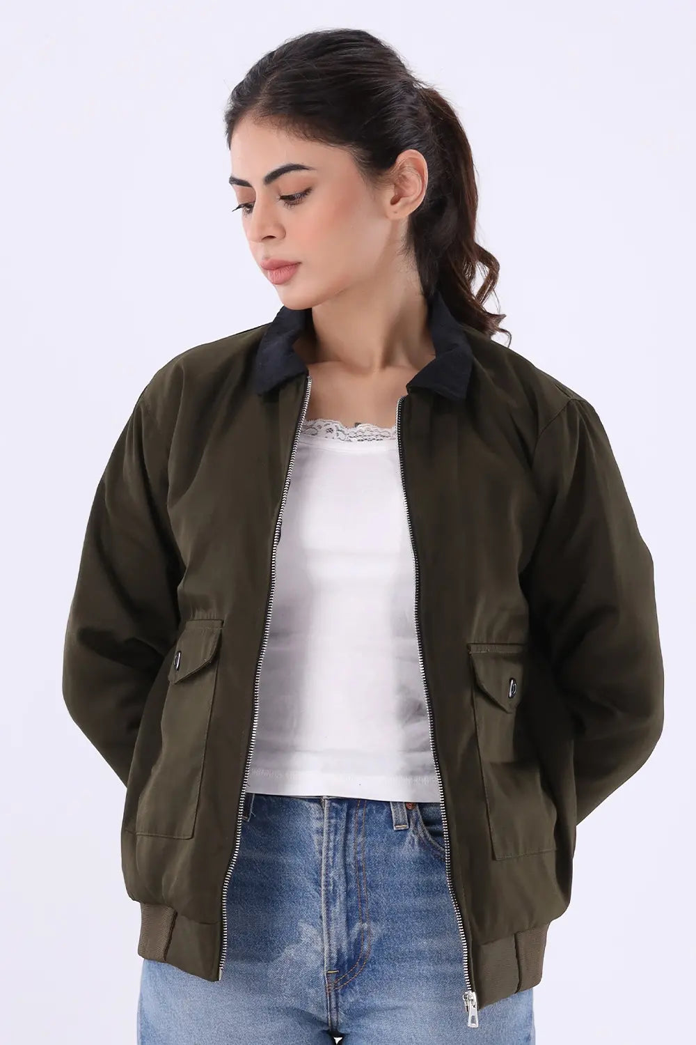 Olive Jacket with Corduroy Collar - W