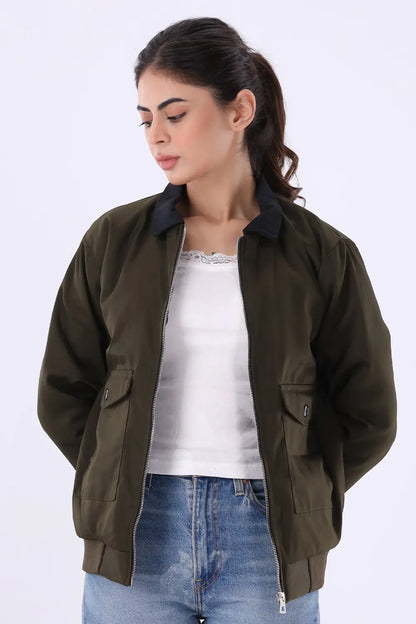 Olive Jacket with Corduroy Collar - W