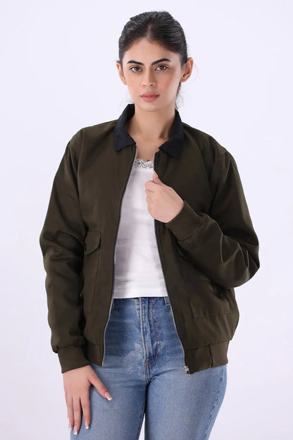 Olive Jacket with Corduroy Collar - W