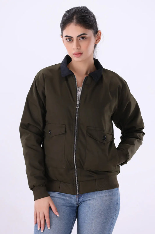 Olive Jacket with Corduroy Collar - W