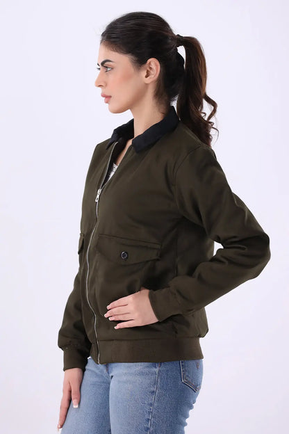 Olive Jacket with Corduroy Collar - W