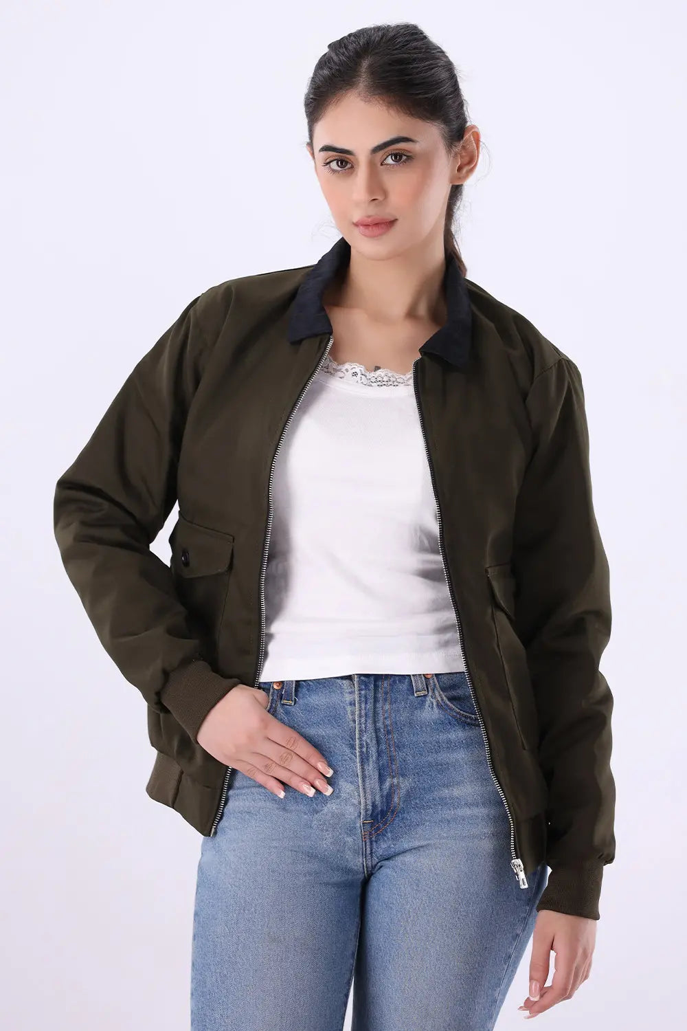 Olive Jacket with Corduroy Collar - W