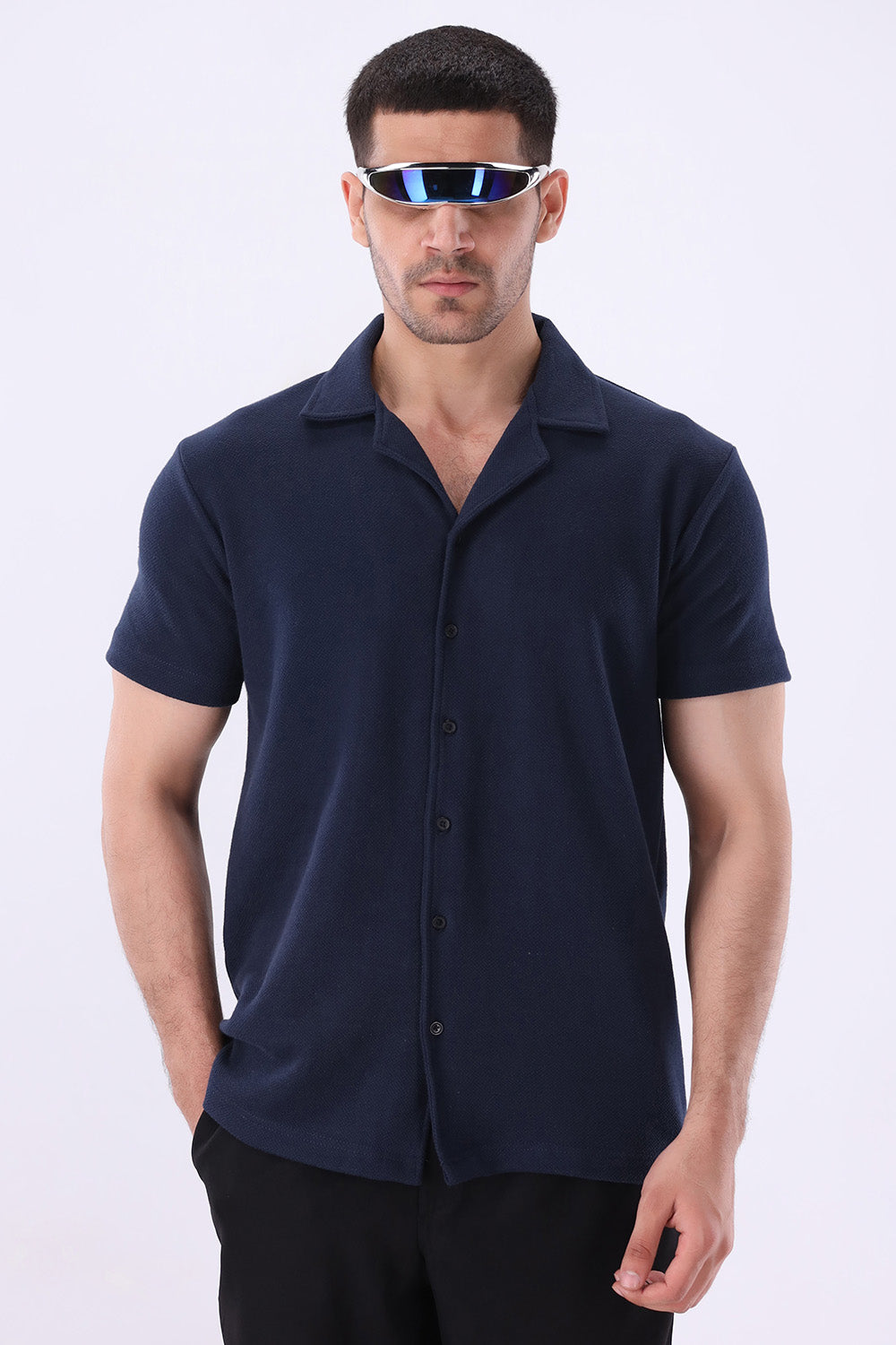 Navy Blue Knitted Button Up Shirt