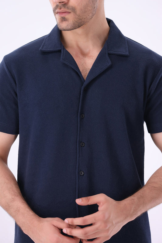 Navy Blue Knitted Button Up Shirt