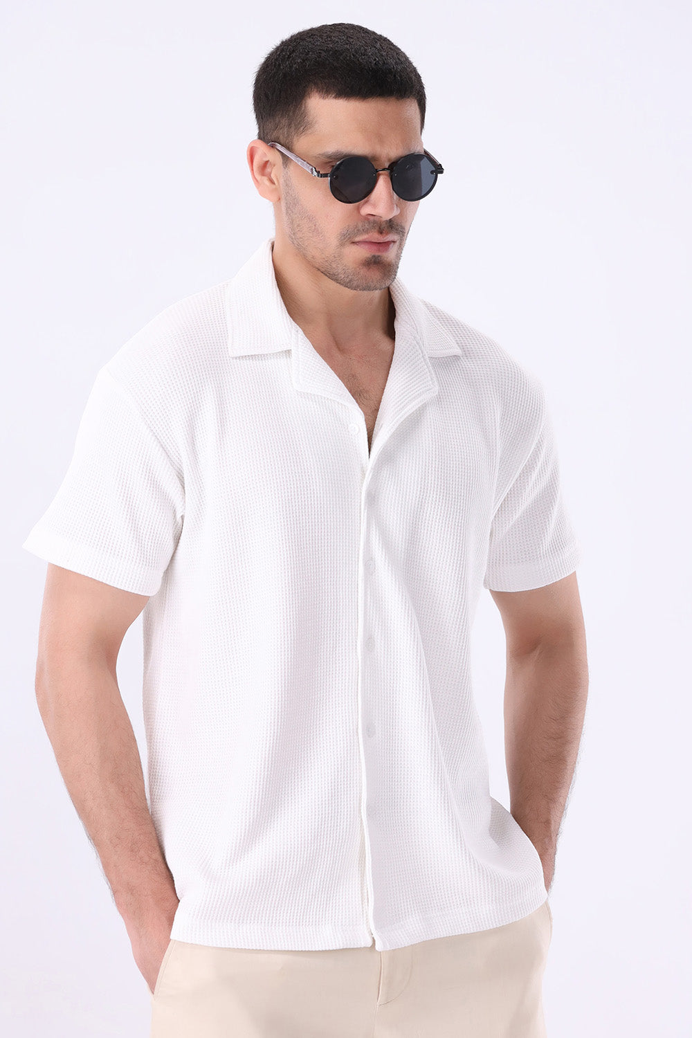 White Knitted Button Up Shirt