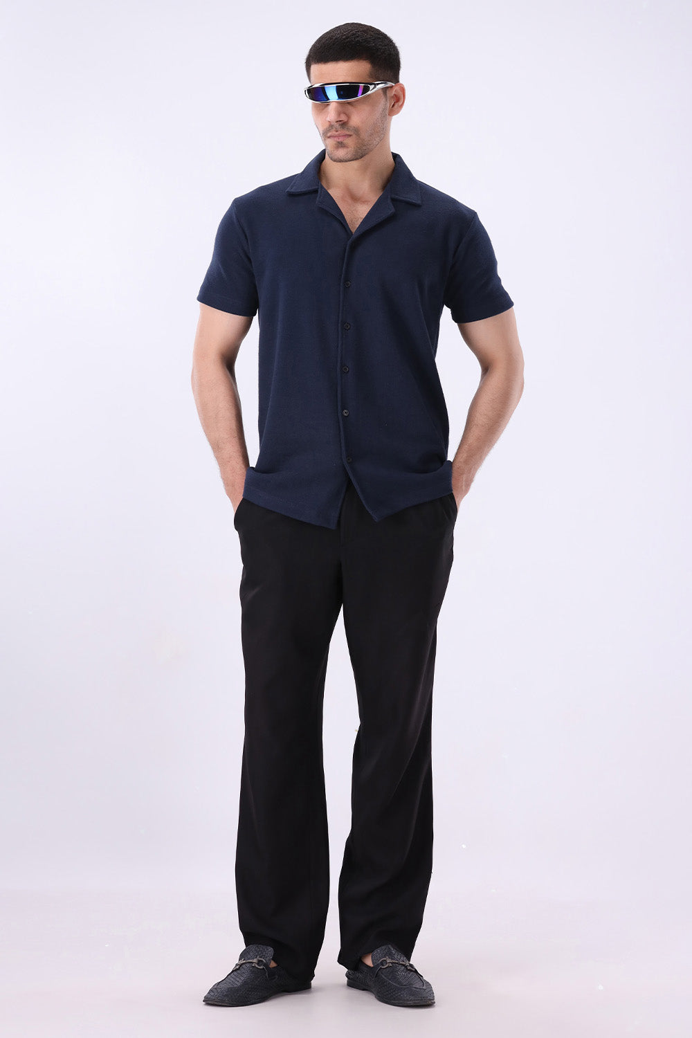 Navy Blue Knitted Button Up Shirt