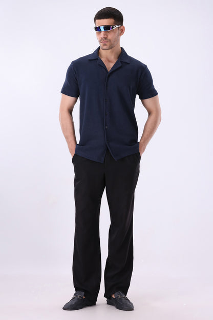 Navy Blue Knitted Button Up Shirt