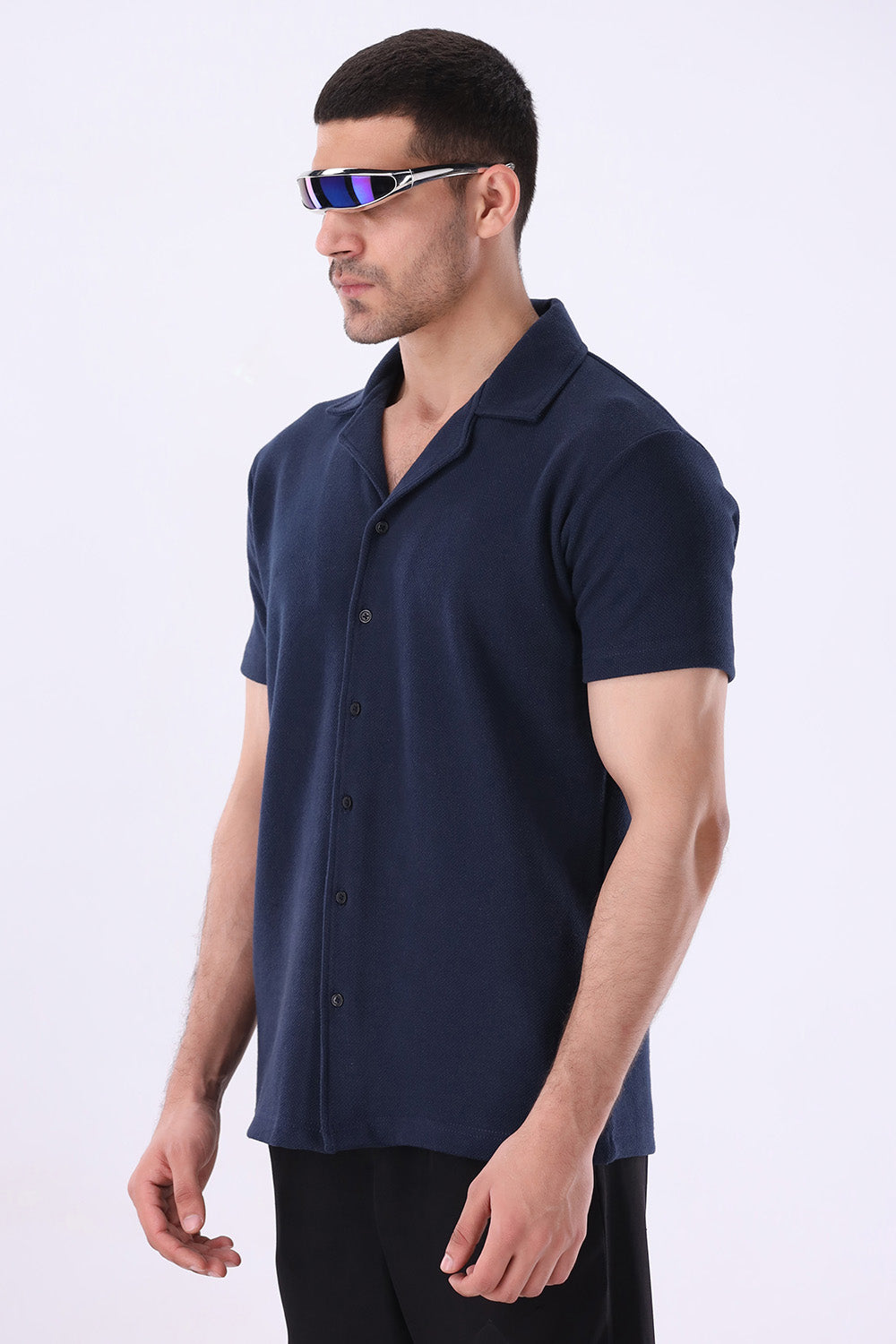 Navy Blue Knitted Button Up Shirt