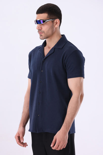 Navy Blue Knitted Button Up Shirt