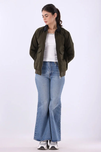 Olive Jacket with Corduroy Collar - W