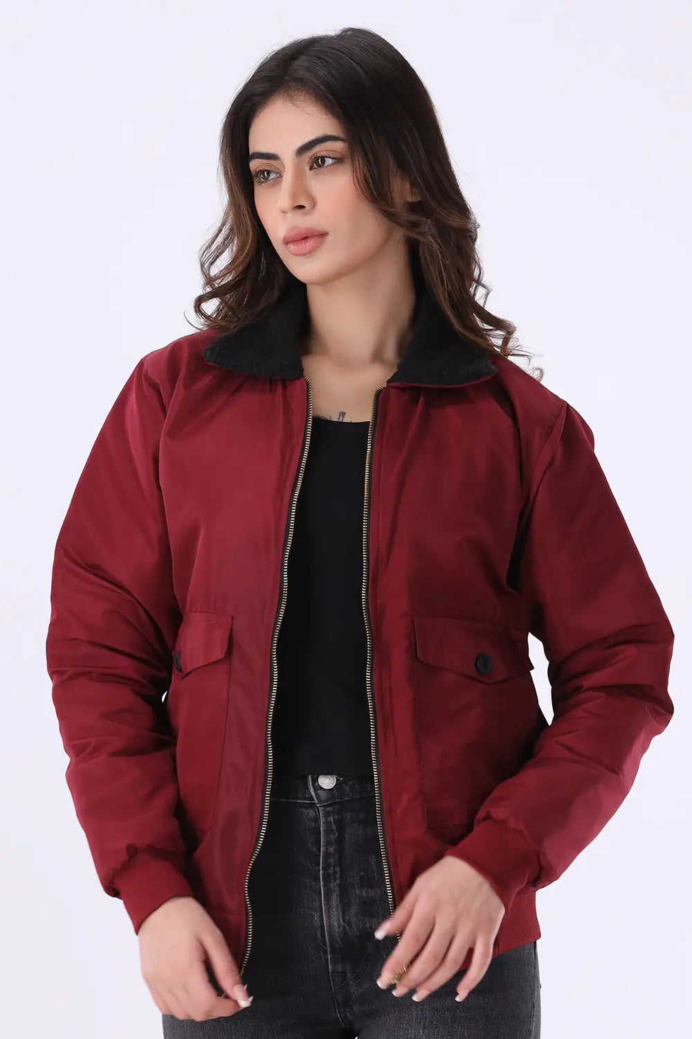 Maroon Sherpa Collar Jacket - W