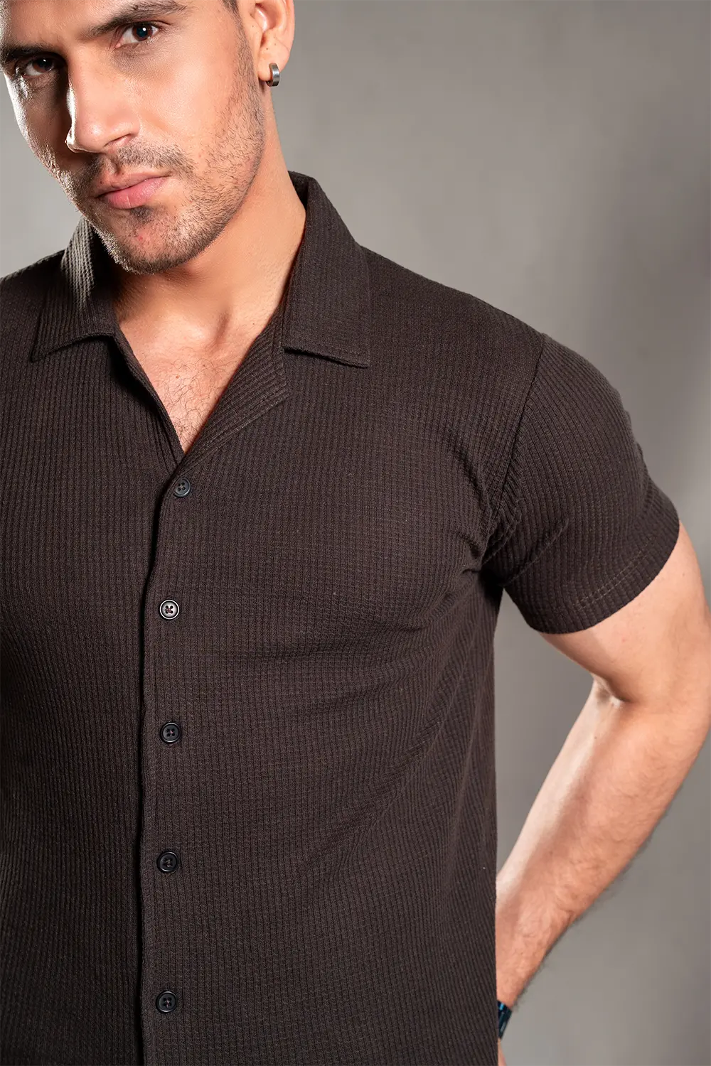 Brown Knitted Button Up Shirt