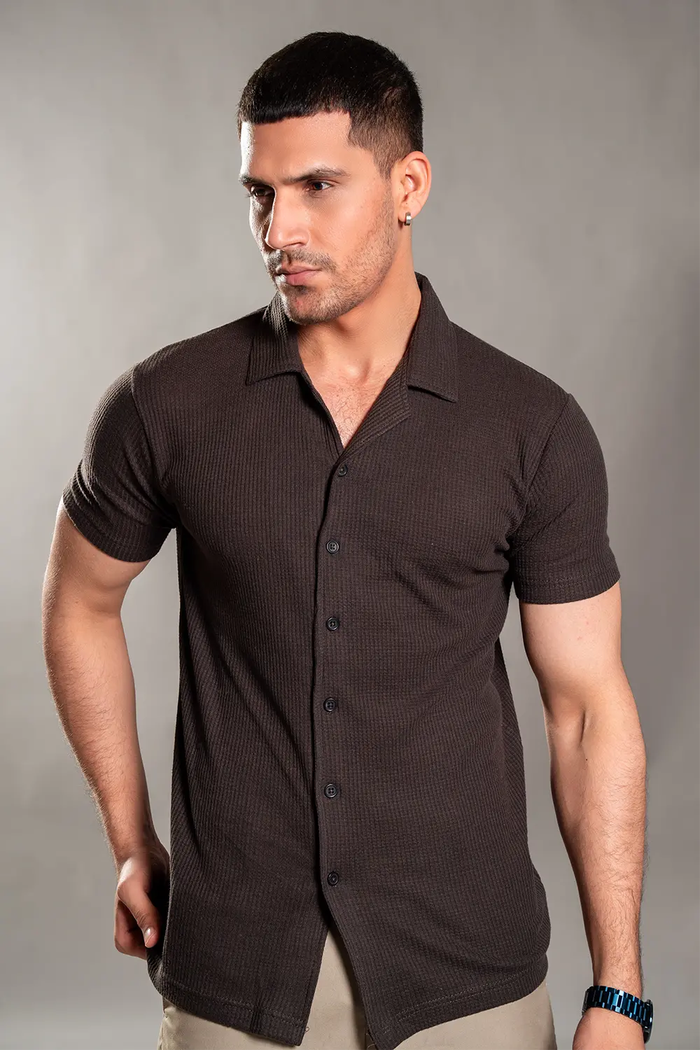 Brown Knitted Button Up Shirt