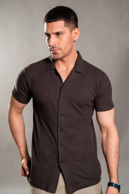 Brown Knitted Button Up Shirt