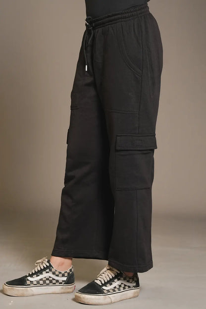 Black Wide Legged Cargo Trousers - W