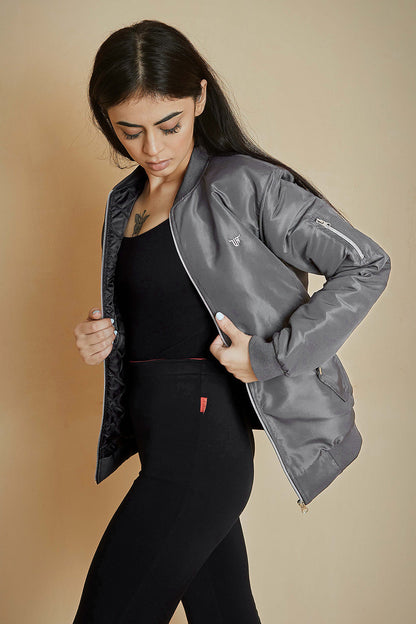 Charcoal Bomber Jacket with Flap Pockets - W