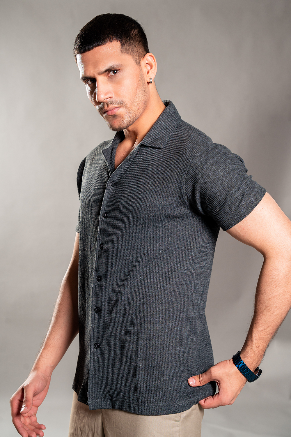 Charcoal Knitted Button Up Shirt