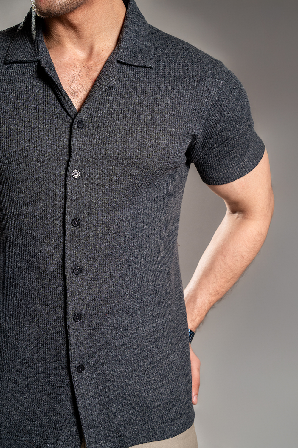 Charcoal Knitted Button Up Shirt