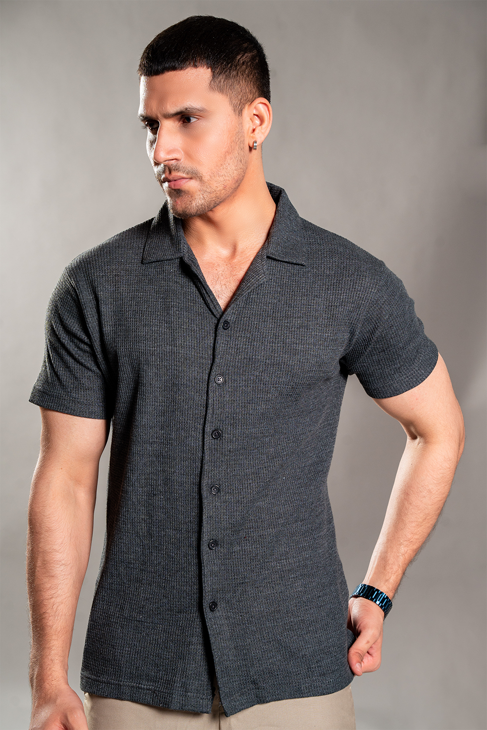 Charcoal Knitted Button Up Shirt