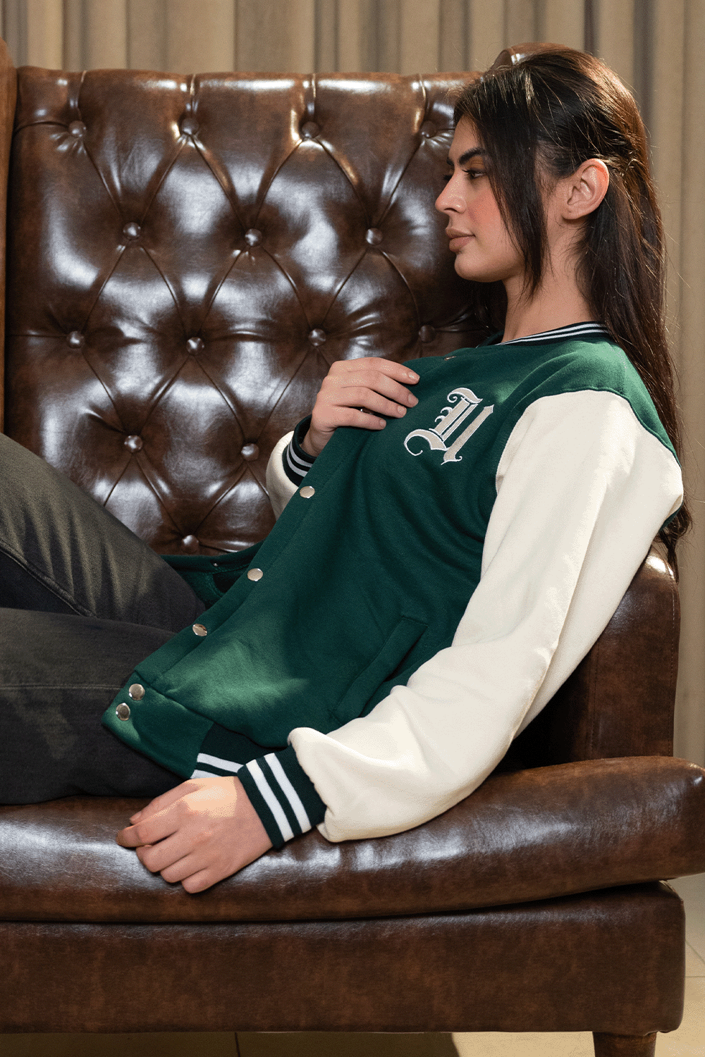 Green and Cream Varsity Jacket - W