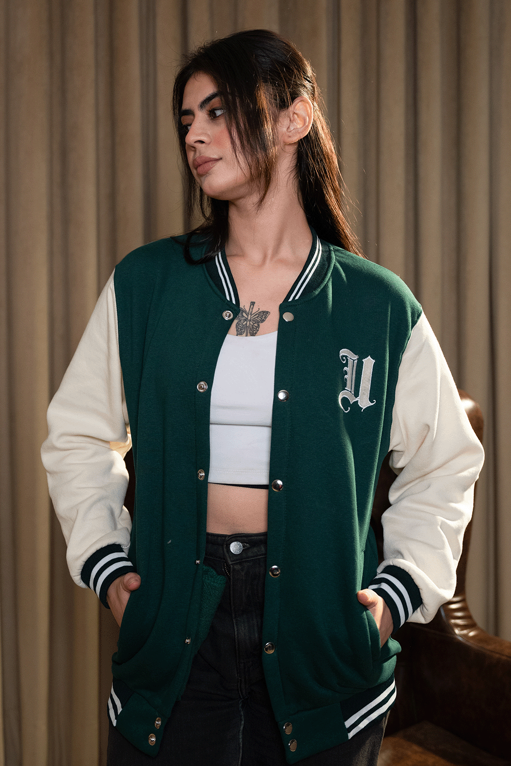 Green and Cream Varsity Jacket - W