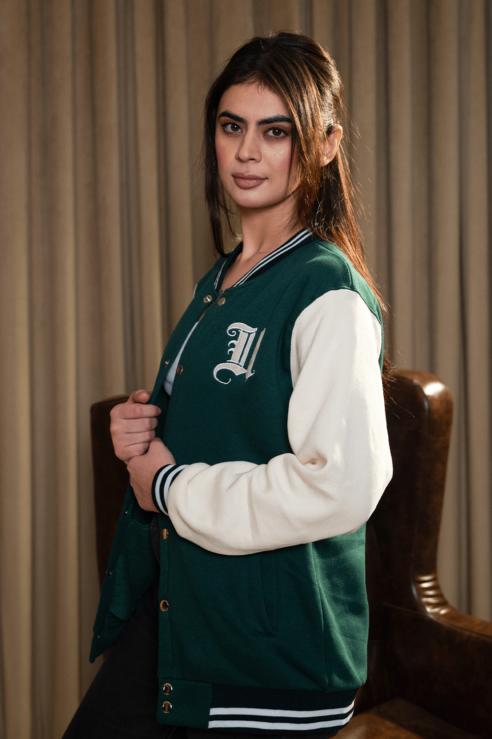 Green and Cream Varsity Jacket - W