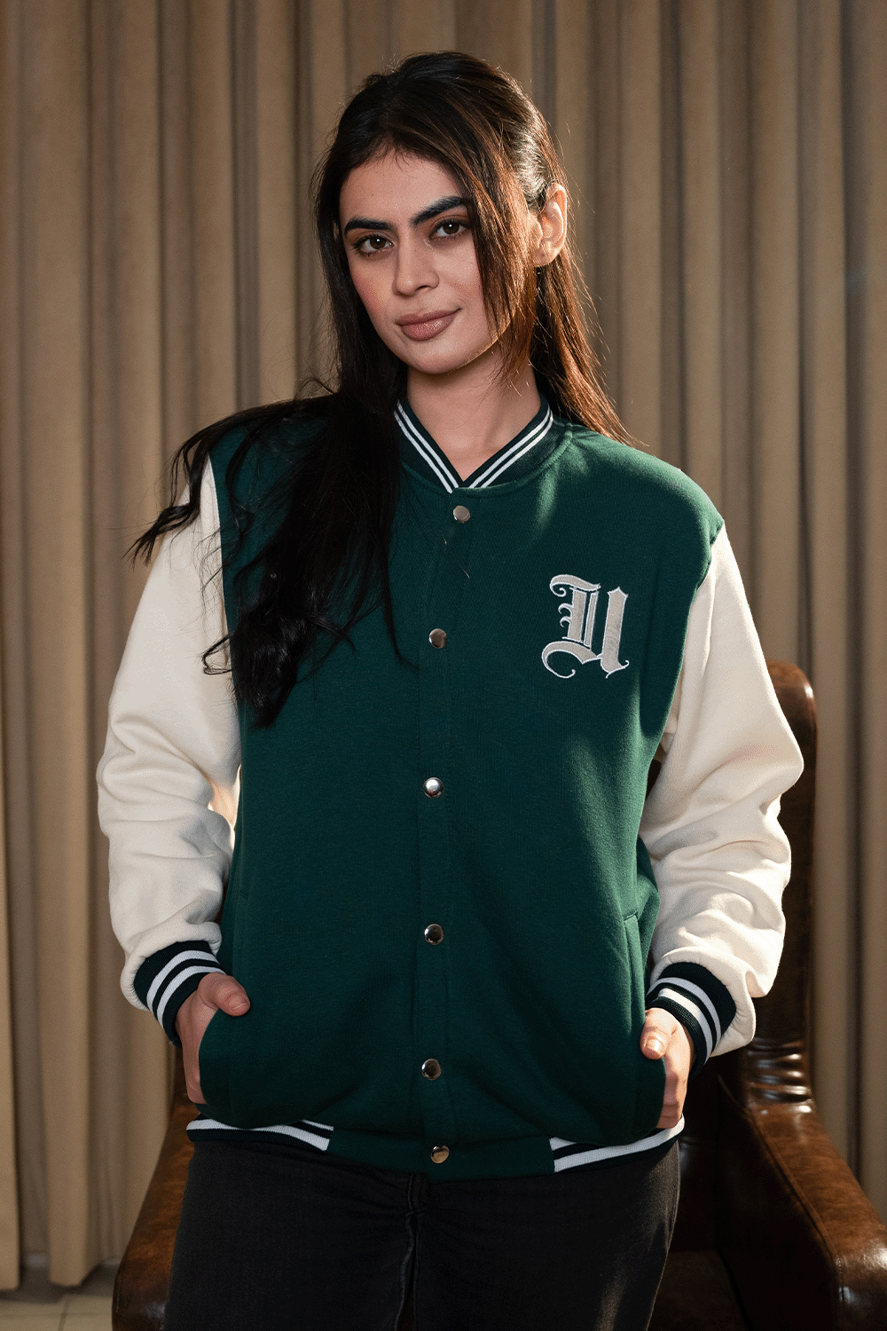 Green and Cream Varsity Jacket - W
