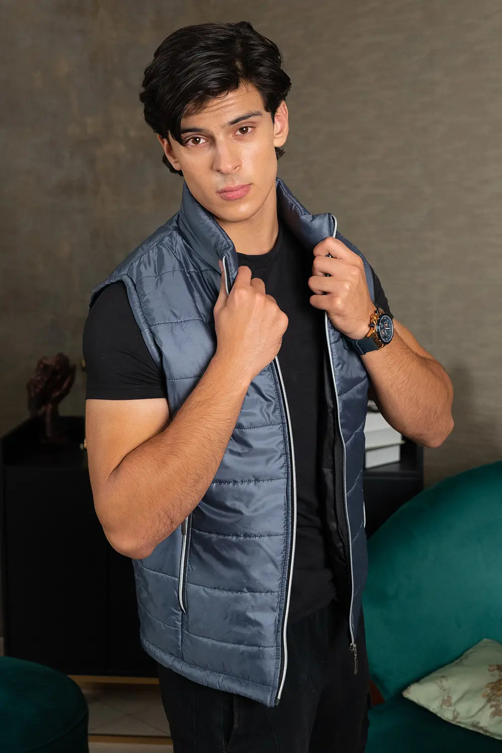 Greyish Blue Mock Sleeveless Puffer Jacket