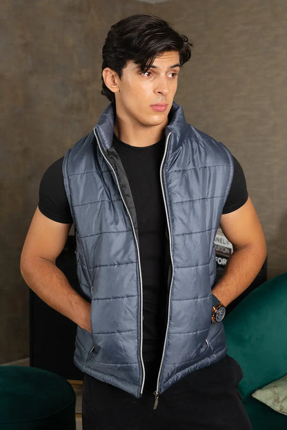 Greyish Blue Mock Sleeveless Puffer Jacket