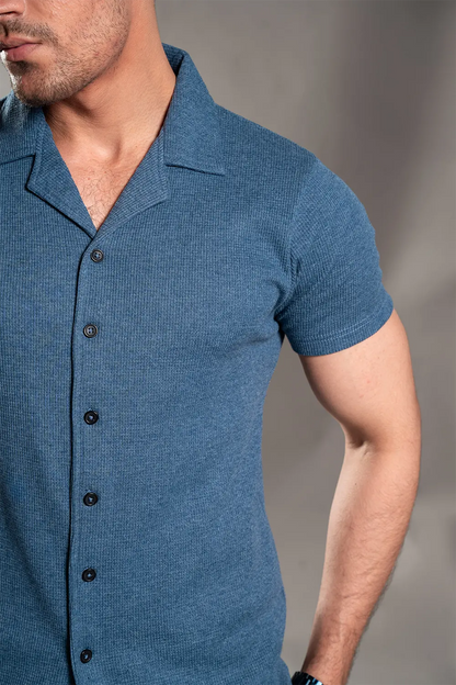 Heather Blue Knitted Button Up Shirt