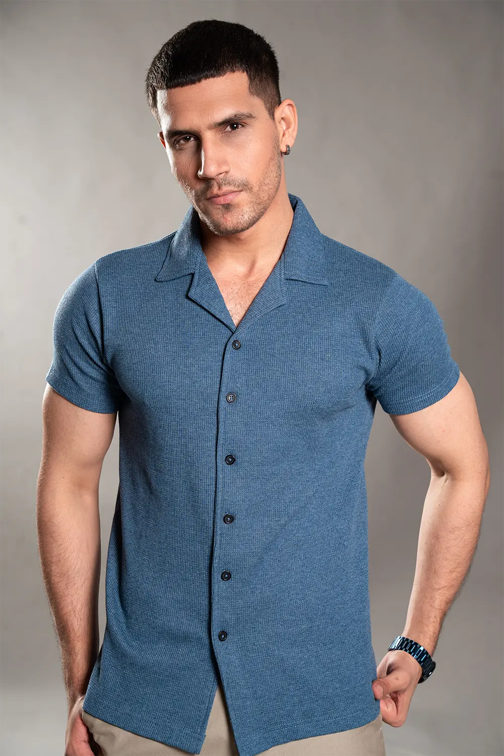 Heather Blue Knitted Button Up Shirt