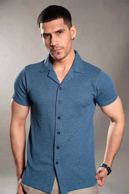 Heather Blue Knitted Button Up Shirt