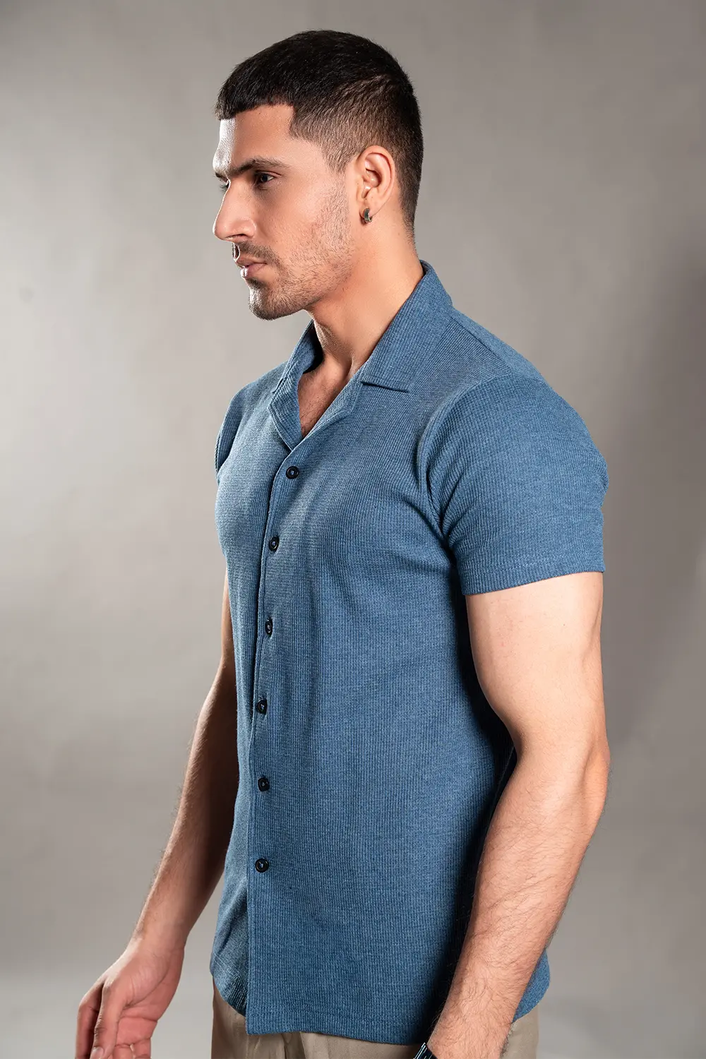 Heather Blue Knitted Button Up Shirt