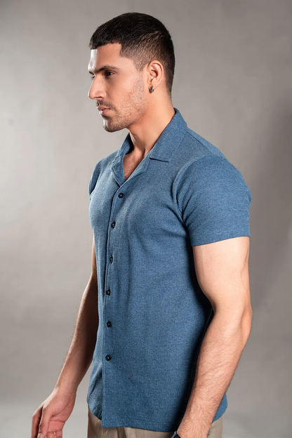 Heather Blue Knitted Button Up Shirt