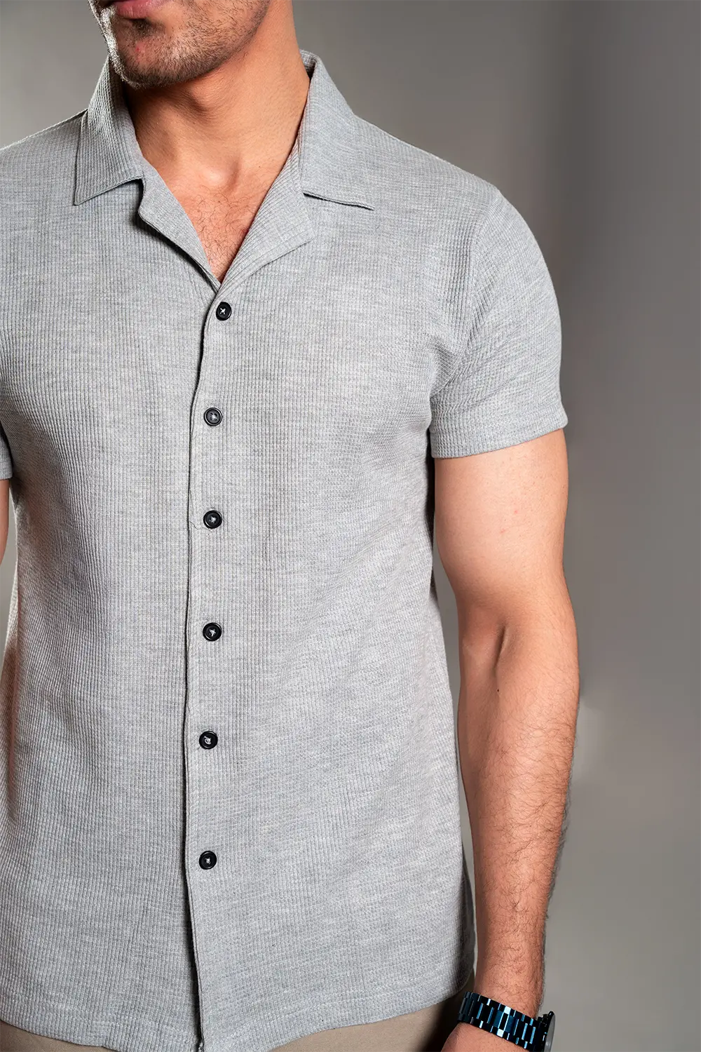 Grey Knitted Button Up Shirt