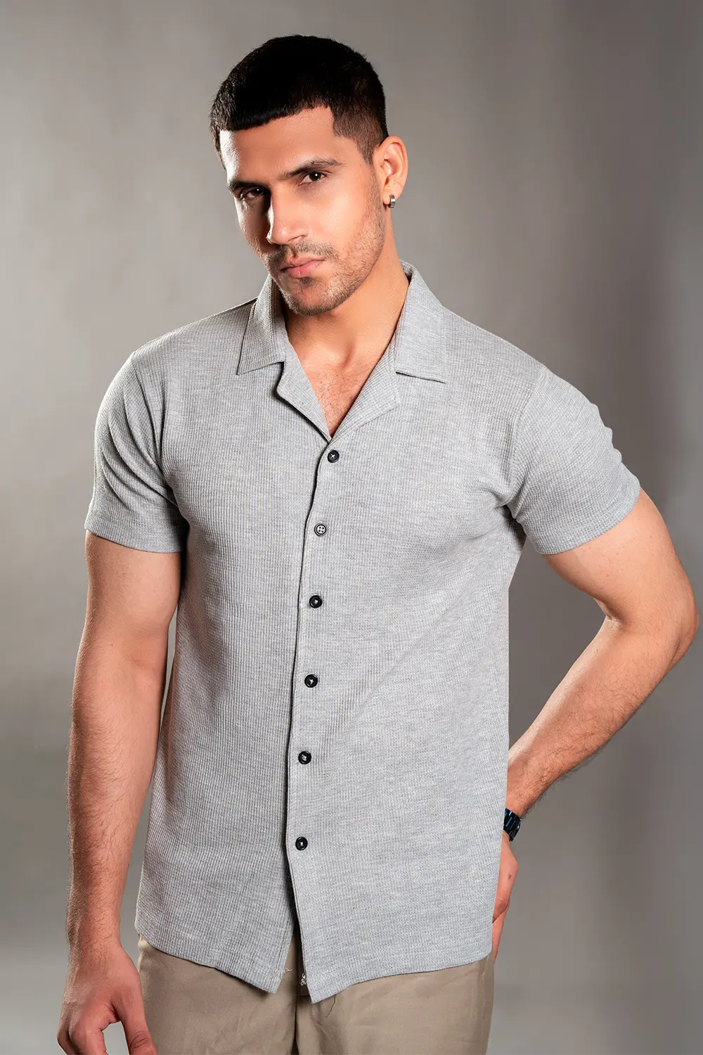 Grey Knitted Button Up Shirt