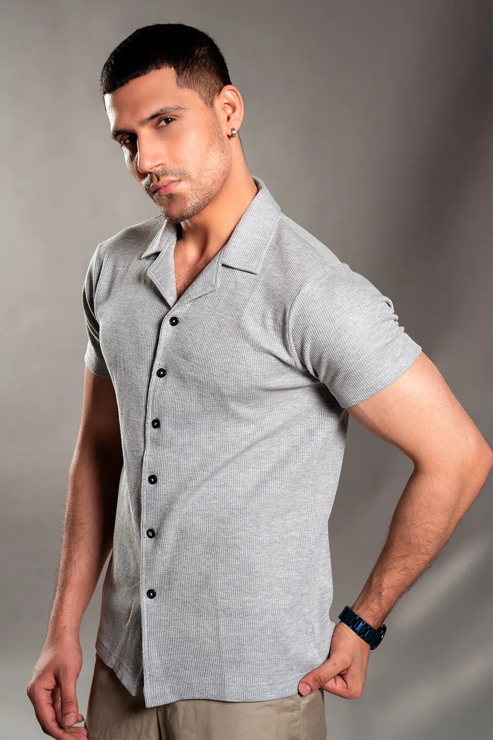 Grey Knitted Button Up Shirt