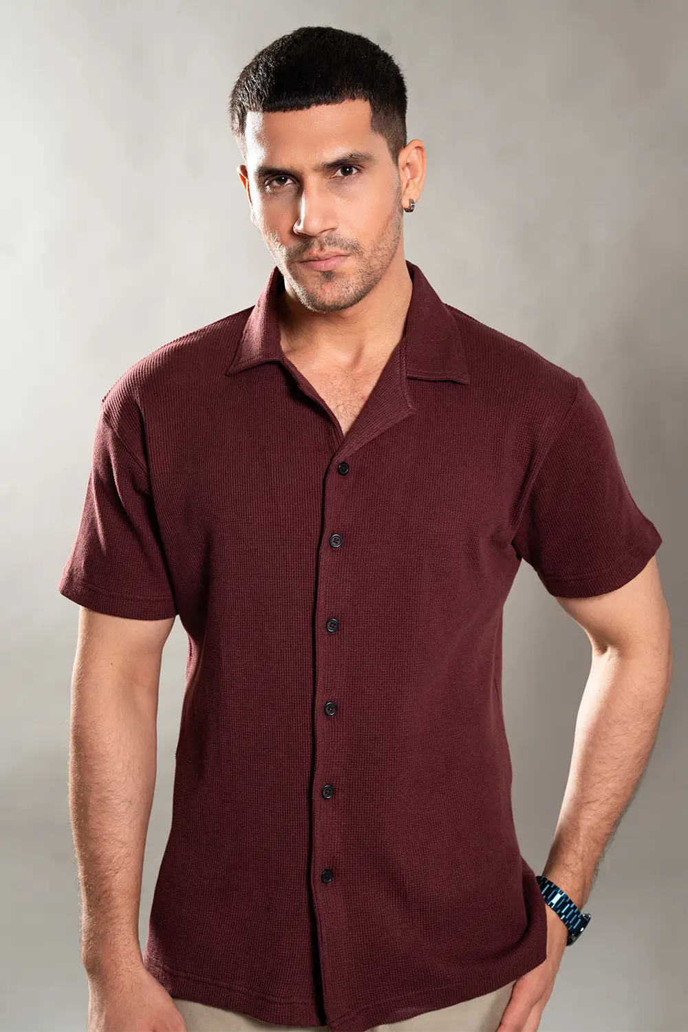 Maroon Knitted Button Up Shirt
