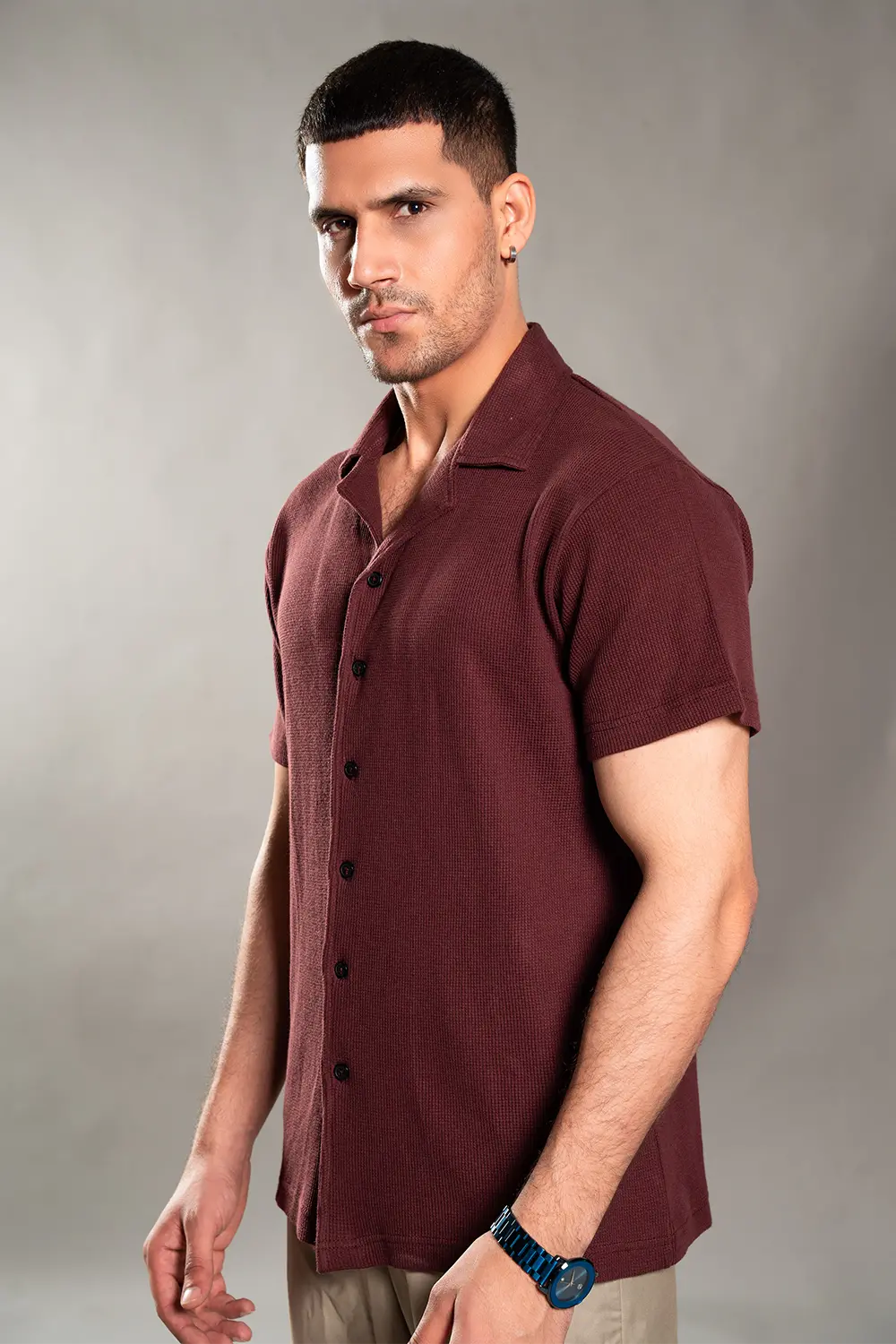Maroon Knitted Button Up Shirt