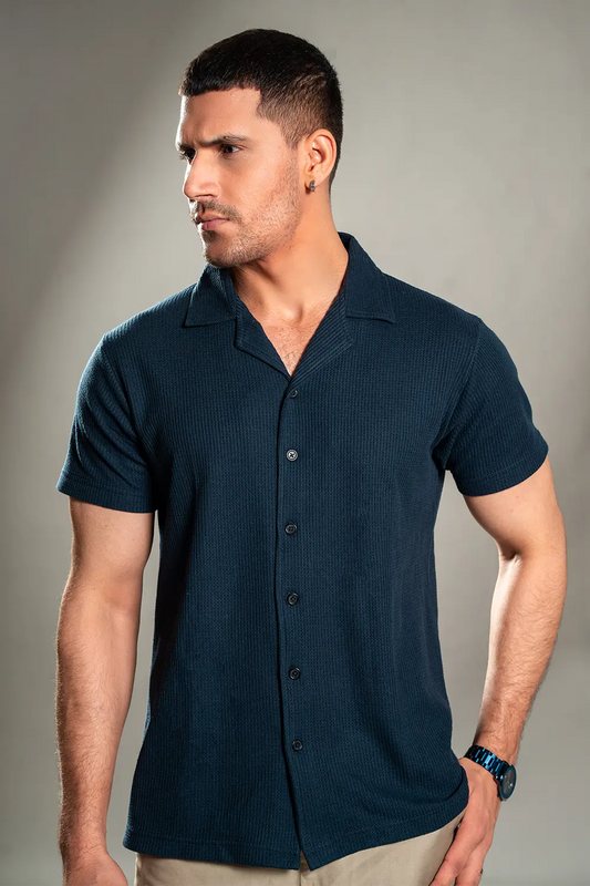 Navy Blue Knitted Button Up Shirt