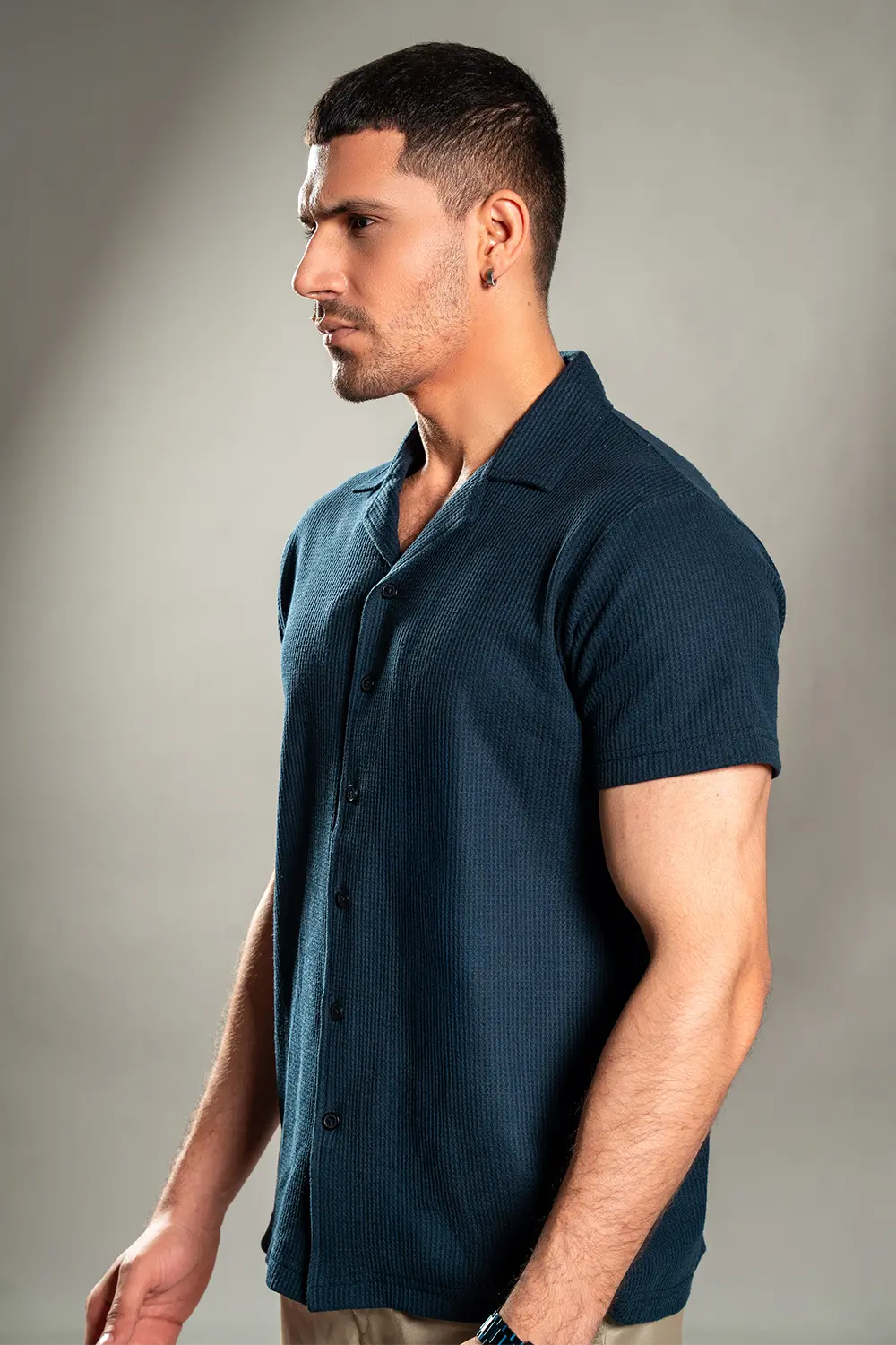 Navy Blue Knitted Button Up Shirt