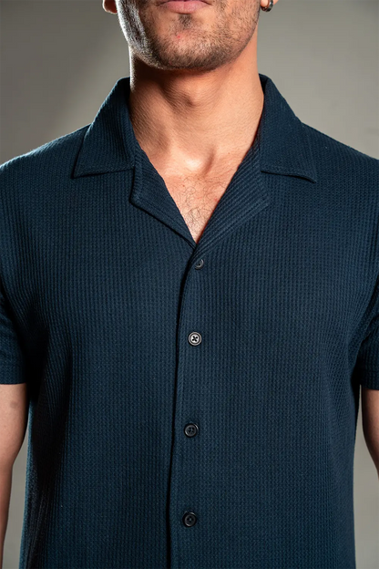 Navy Blue Knitted Button Up Shirt