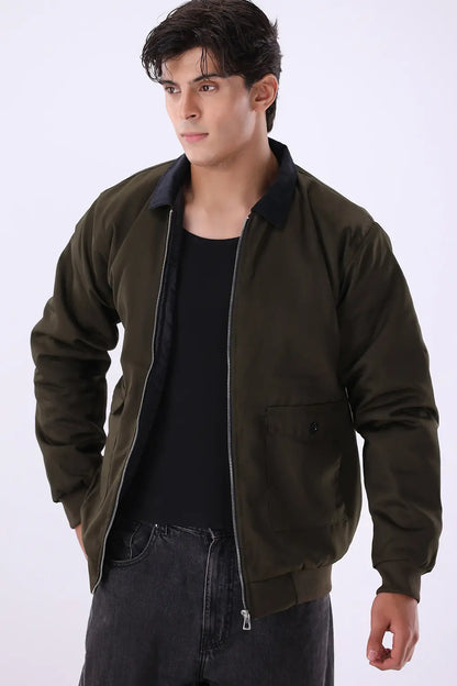 Olive Jacket with Corduroy Collar