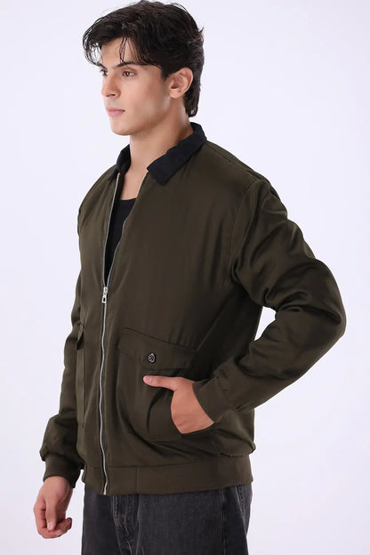 Olive Jacket with Corduroy Collar