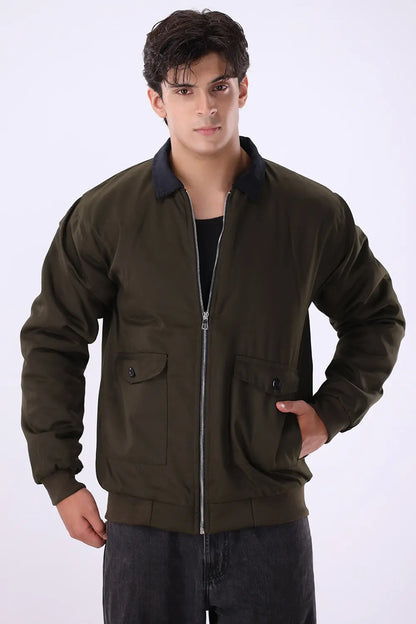 Olive Jacket with Corduroy Collar