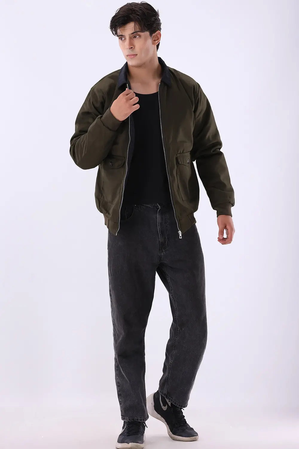 Olive Jacket with Corduroy Collar
