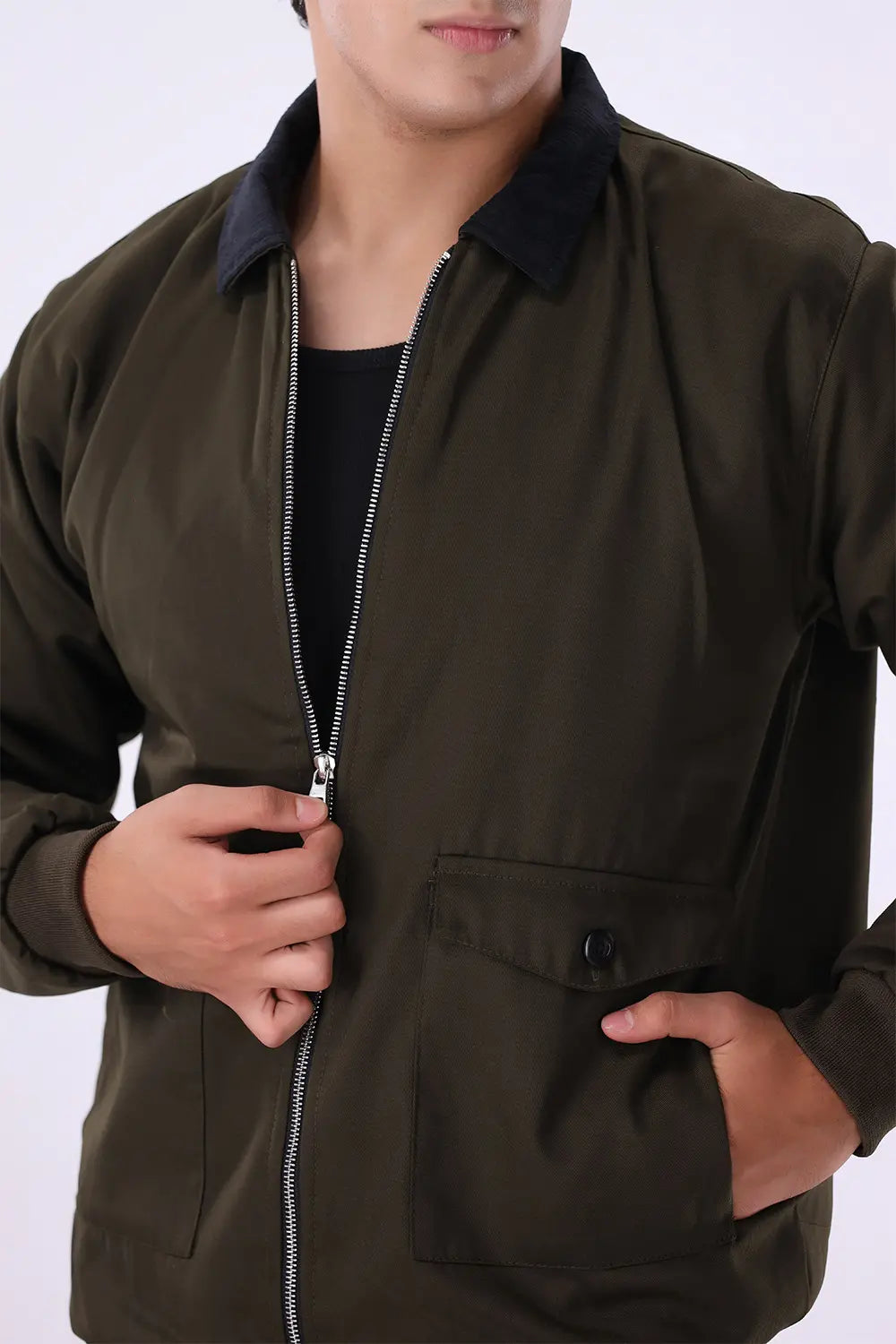 Olive Jacket with Corduroy Collar