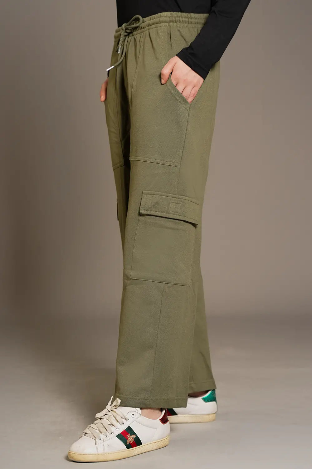 Olive Wide Legged Cargo Trousers - W